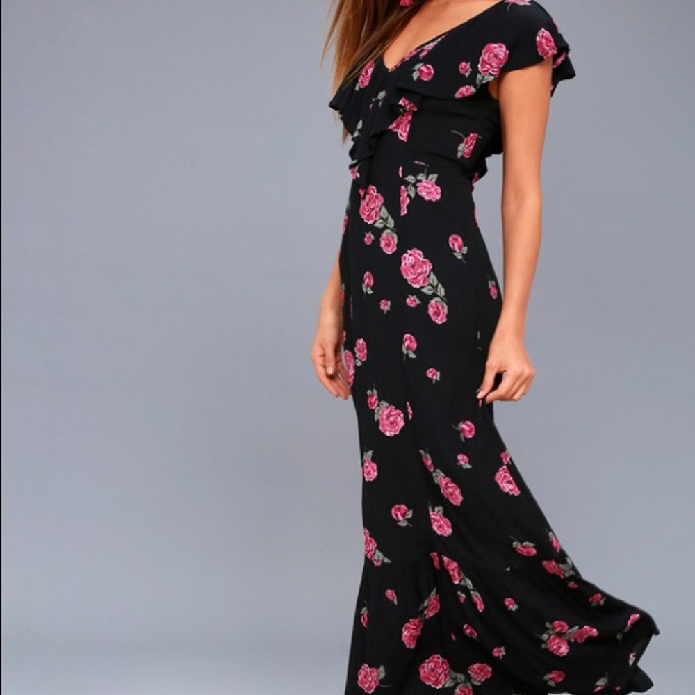 Off the shoulder, black, cotton floral maxi dress